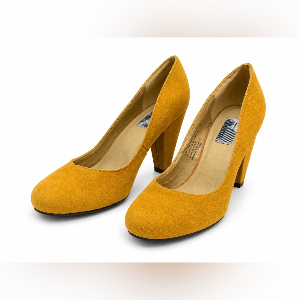 Mustard Yellow Suede Leather Round Toe Pumps, Block Heel | NWOB Sz 7
